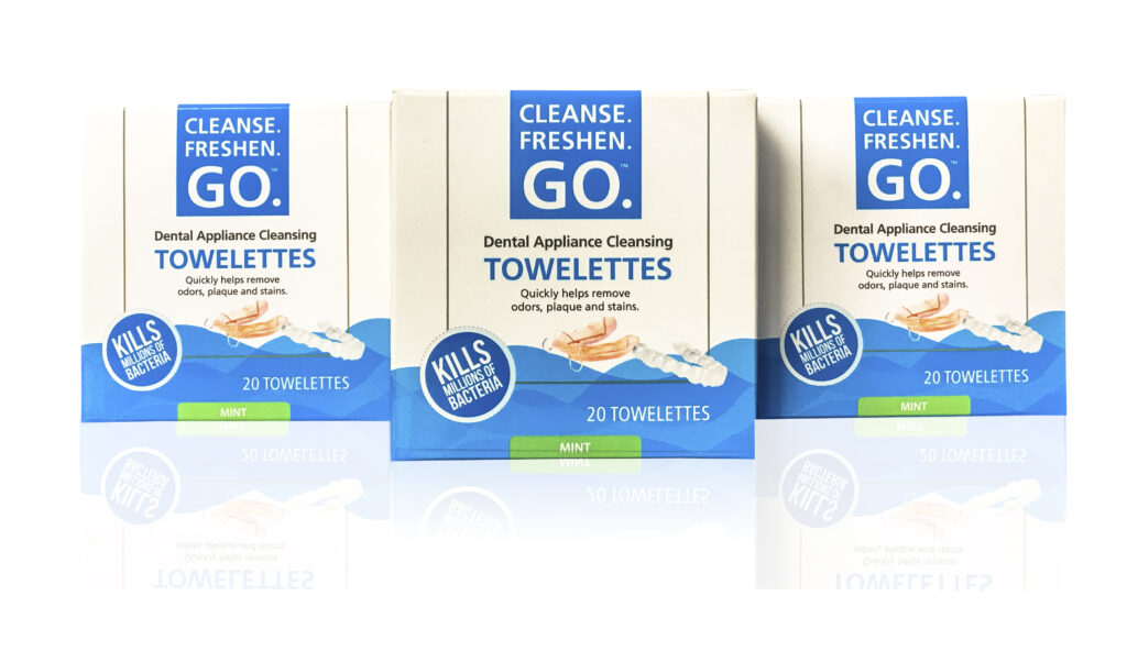 Cleanse.Freshen.Go.™ Towelettes are unique, unparalleled cleaning solutions for removable dental appliances. Convenient, easy-to- use and quick, these portable anti-bacterial solutions deliver effective cleaning results, even while on the go.